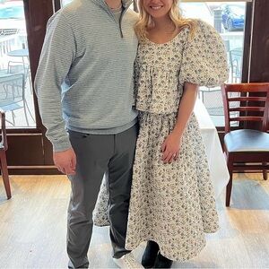 Floral Puff-Sleeve Maxi Set in Cream and Blue